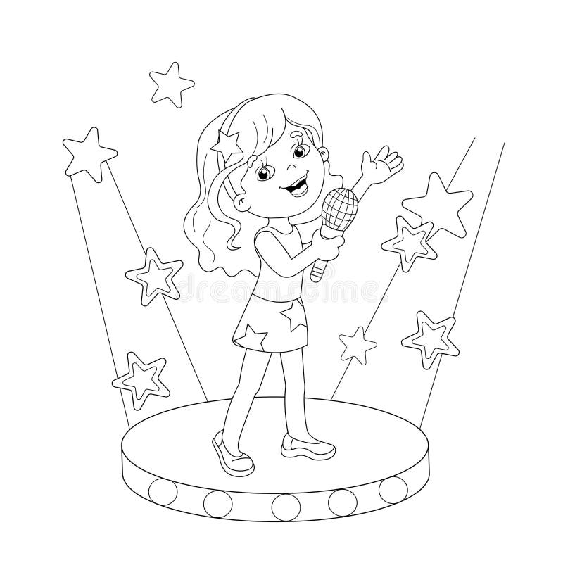 Coloring page outline of girl singing a song on stage stock vector