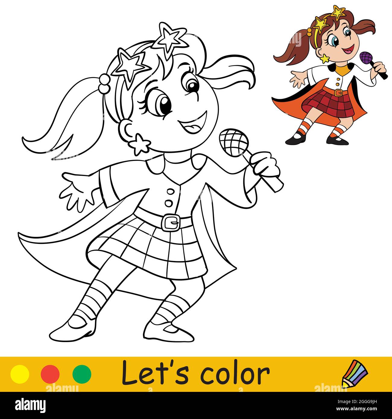 Funny girl in costume of retro disco singer coloring book page for children with colorful template vector cartoon illustration for print preschool stock vector image art