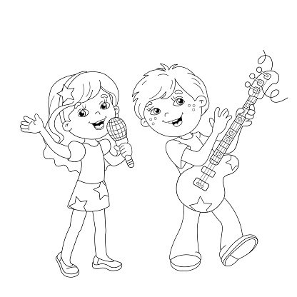Coloring page outline of boy and girl singing a song stock clipart royalty