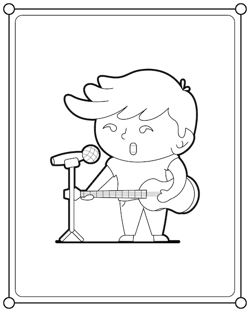 Premium vector cute boy singing while playing guitar suitable for childrens coloring page vector illustration