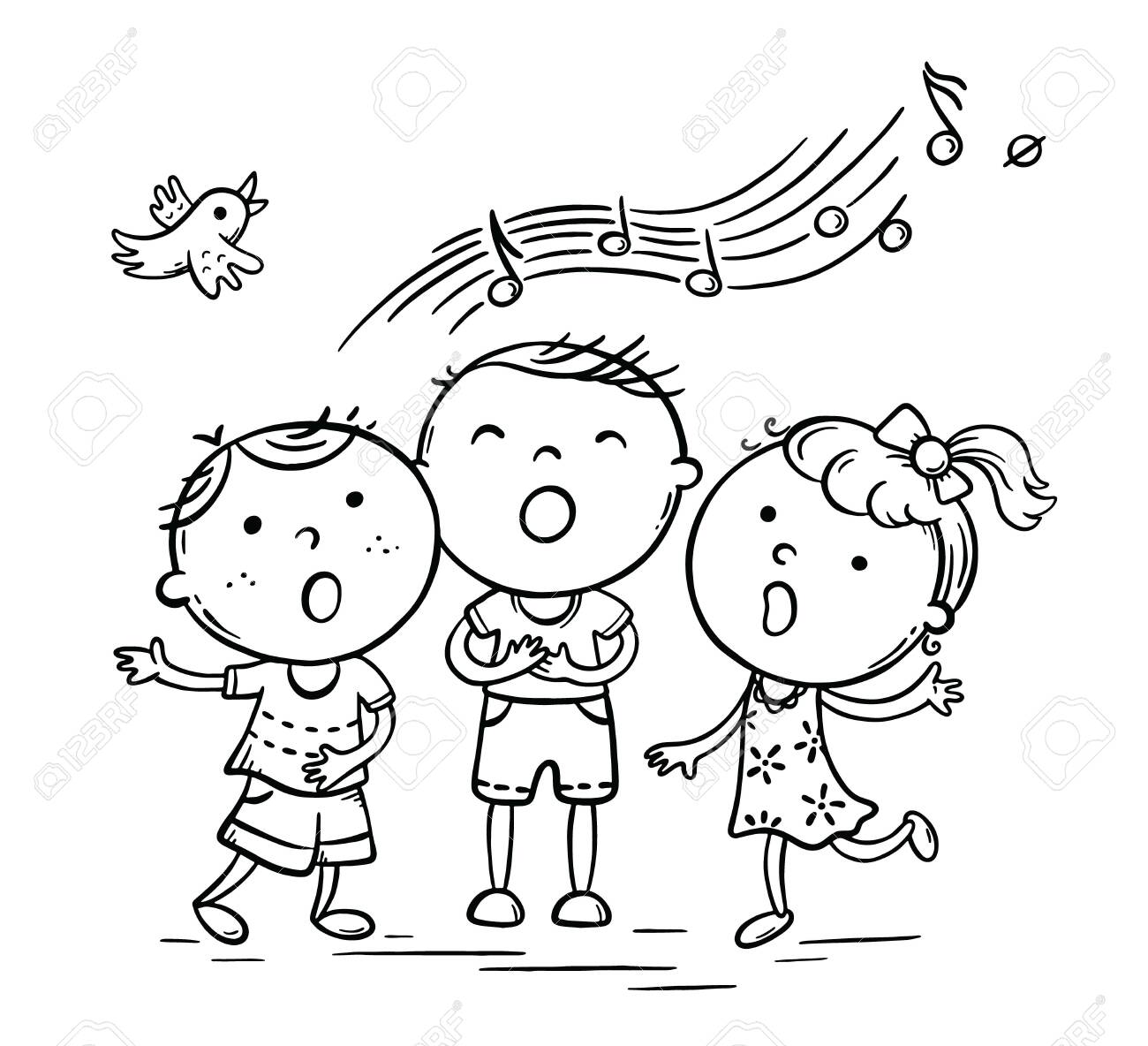 Kids singing together variant with cartoon hands coloring page vector illustration royalty free svg cliparts vectors and stock illustration image