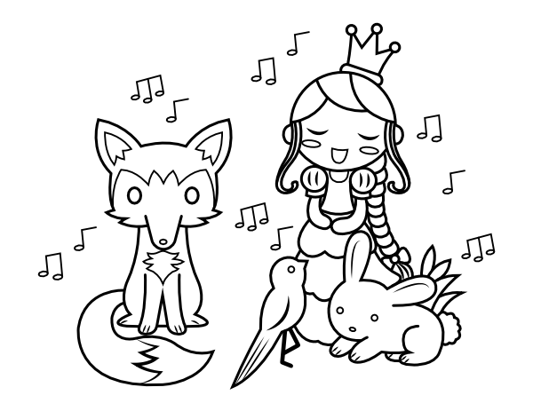 Printable princess and singing animals coloring page
