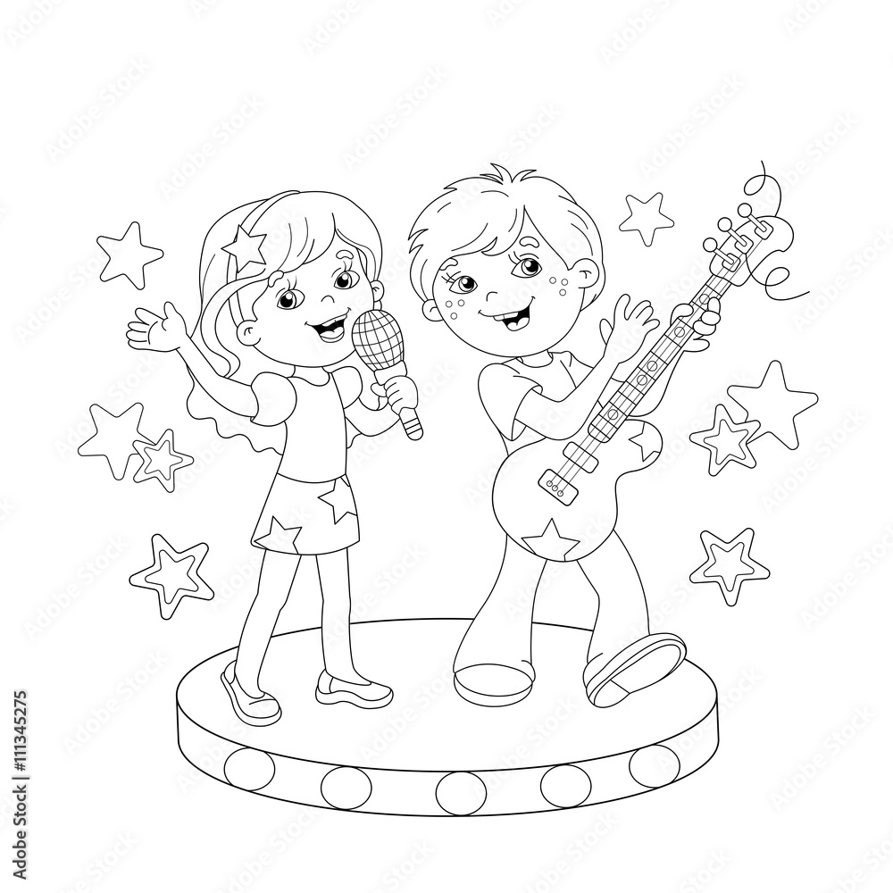 Coloring page outline of boy and girl singing a song vector