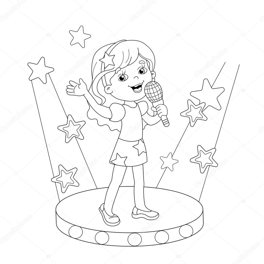 Coloring page outline of girl singing a song on stage stock vector by oleon