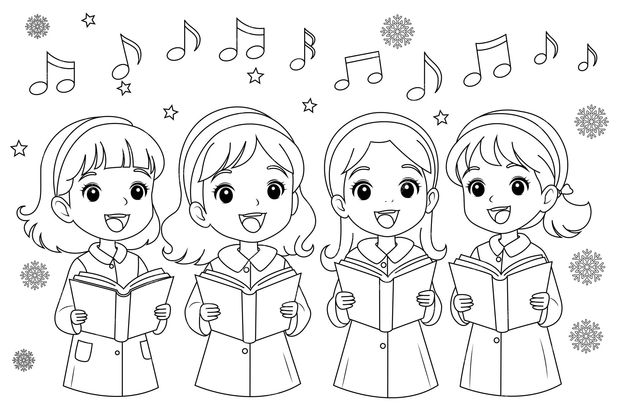 Premium vector coloring page a group of children singing christmas carols