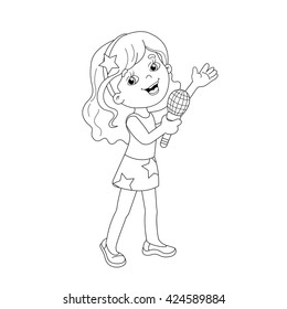 Coloring page outline cartoon girl singing stock vector royalty free