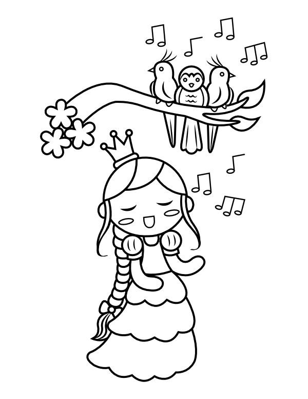 Printable princess and singing birds coloring page