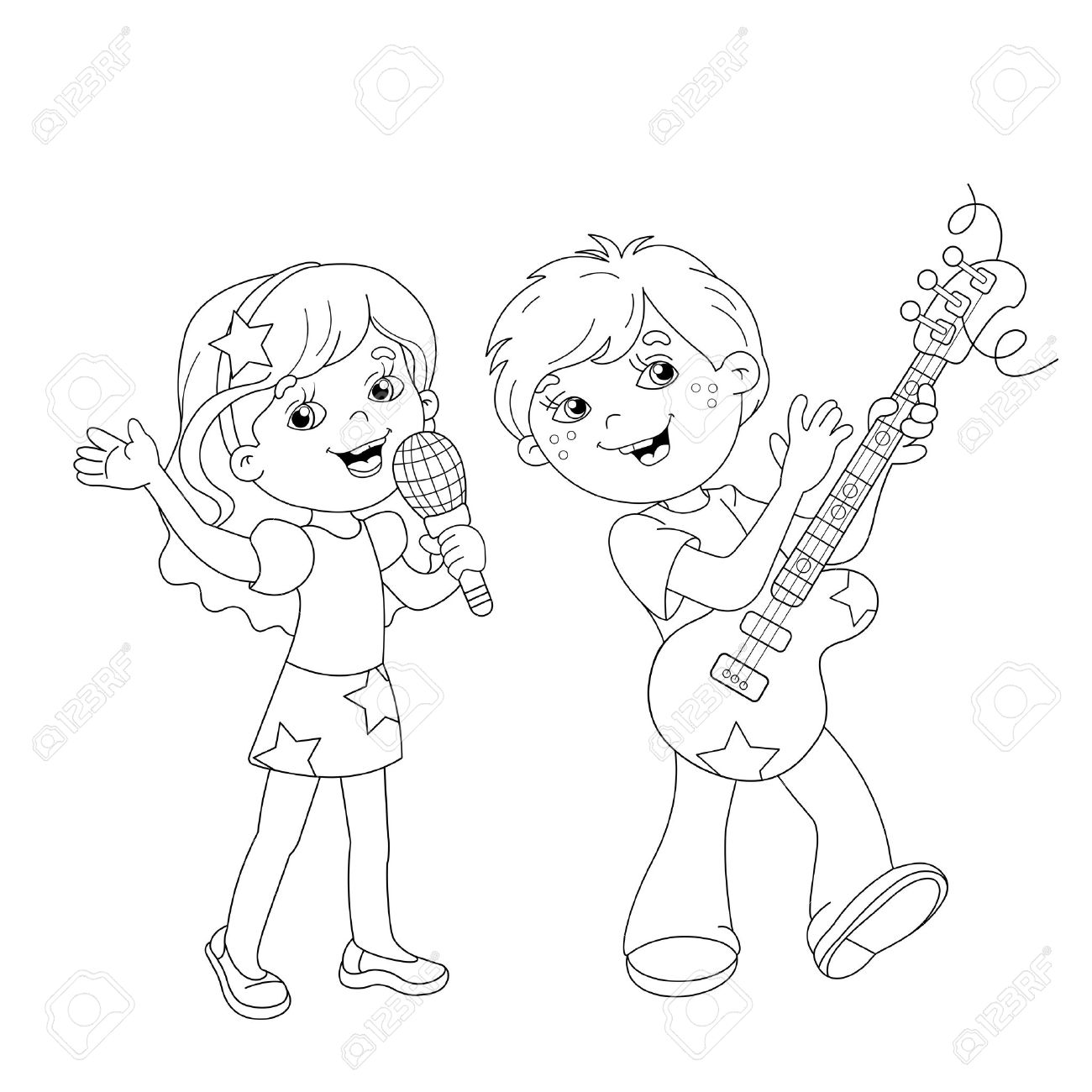 Coloring page outline of cartoon boy and girl singing a song with a guitar coloring book for kids royalty free svg cliparts vectors and stock illustration image