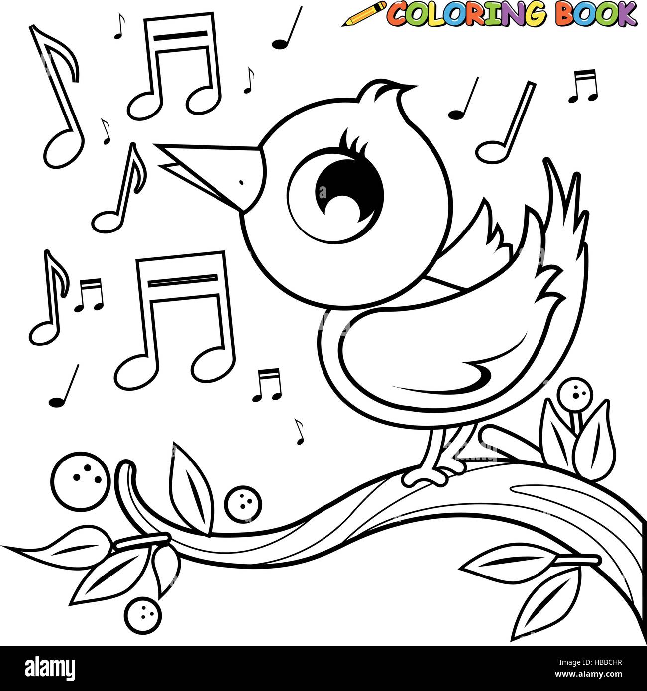 Cute bird on branch singing coloring book page stock vector image art