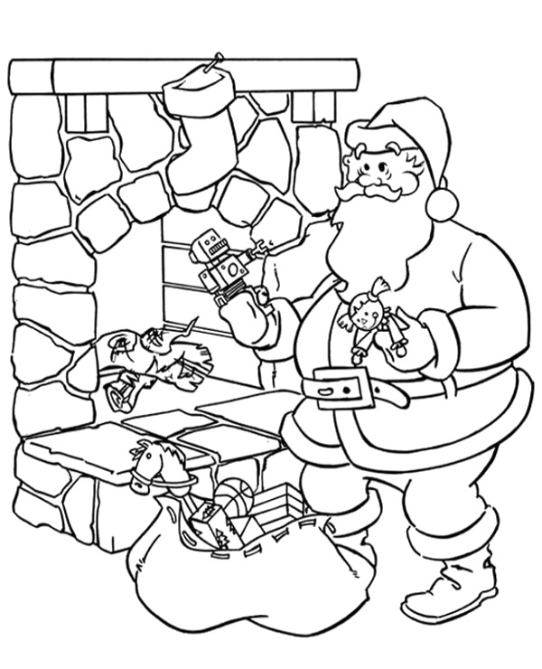 Santa claus and presents coloring page christmas