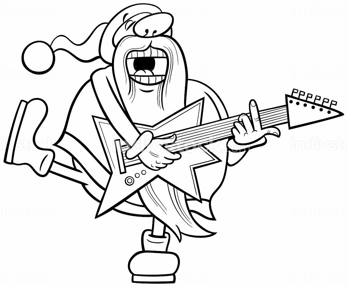 Black and white cartoon illustration of santa claus playing electric guitar and singing on christmas time coloring page