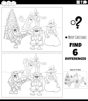 Premium vector differences game with santas singing a carol coloring page