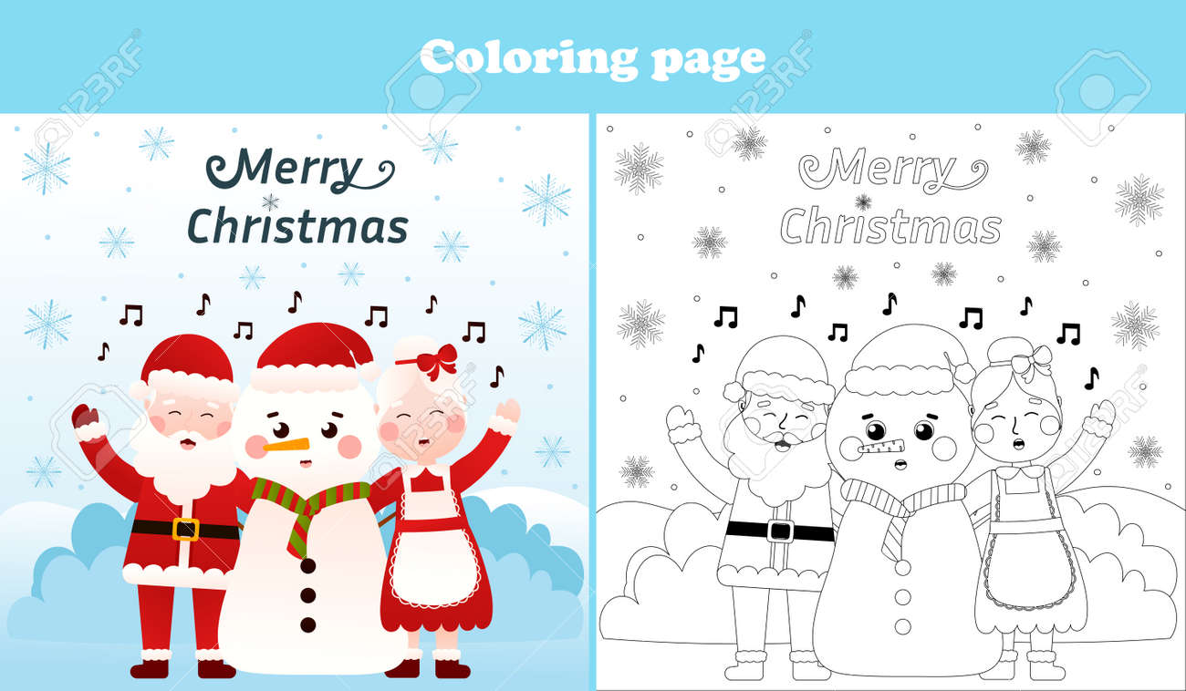 Santa claus and mrs claus snowman are singing carols coloring page for kids printable worksheet for christmas royalty free svg cliparts vectors and stock illustration image