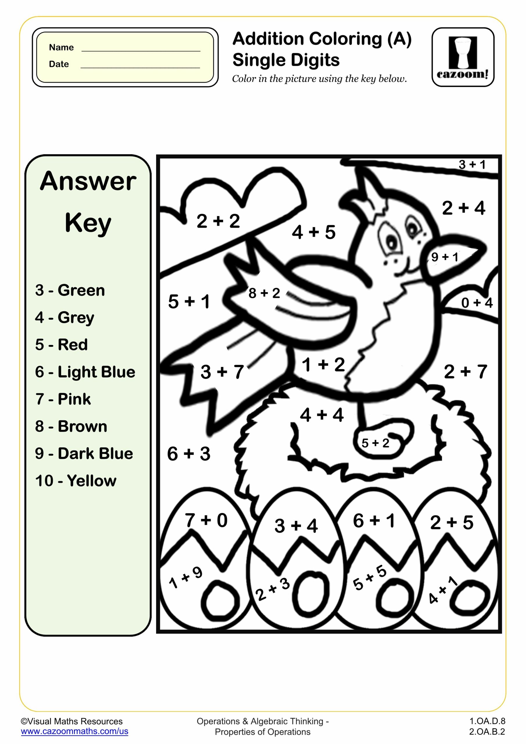 Addition coloring a single digits st grade pdf addition worksheets