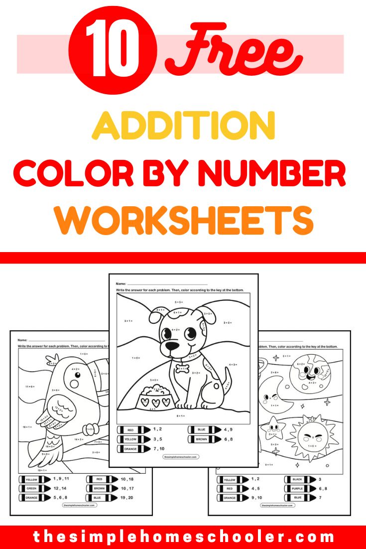 Bright addition color by number worksheets easy print