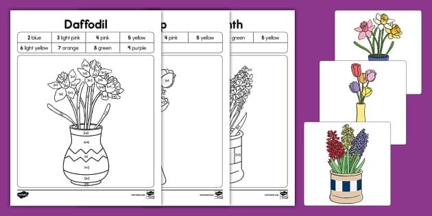 Spring flower single digit addition color by number