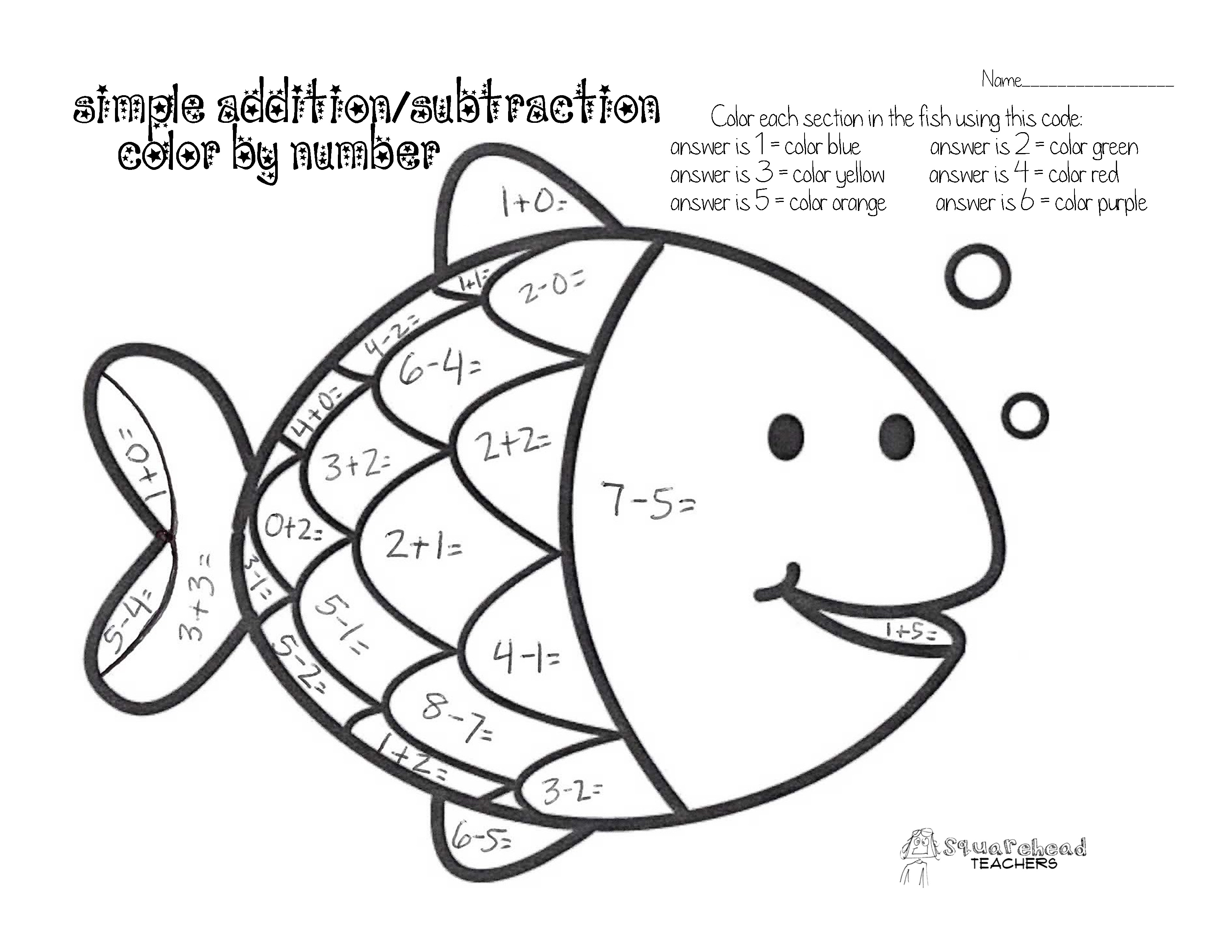 Color by number simple addition subtraction squarehead teachers