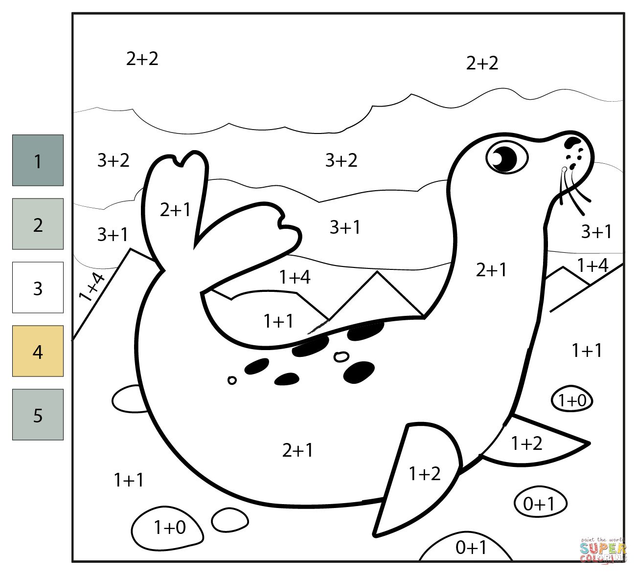 Addition color by number seal free printable coloring pages
