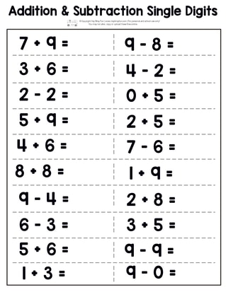 Single digit addition and subtraction worksheet