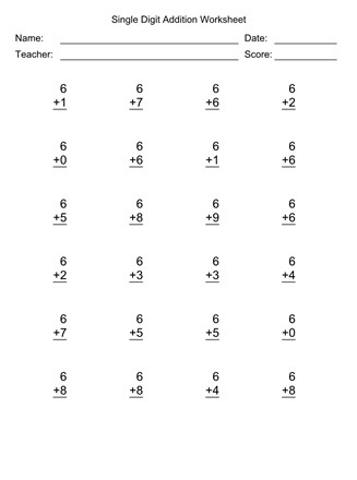 Single digit addition worksheet with first addend of all kids network