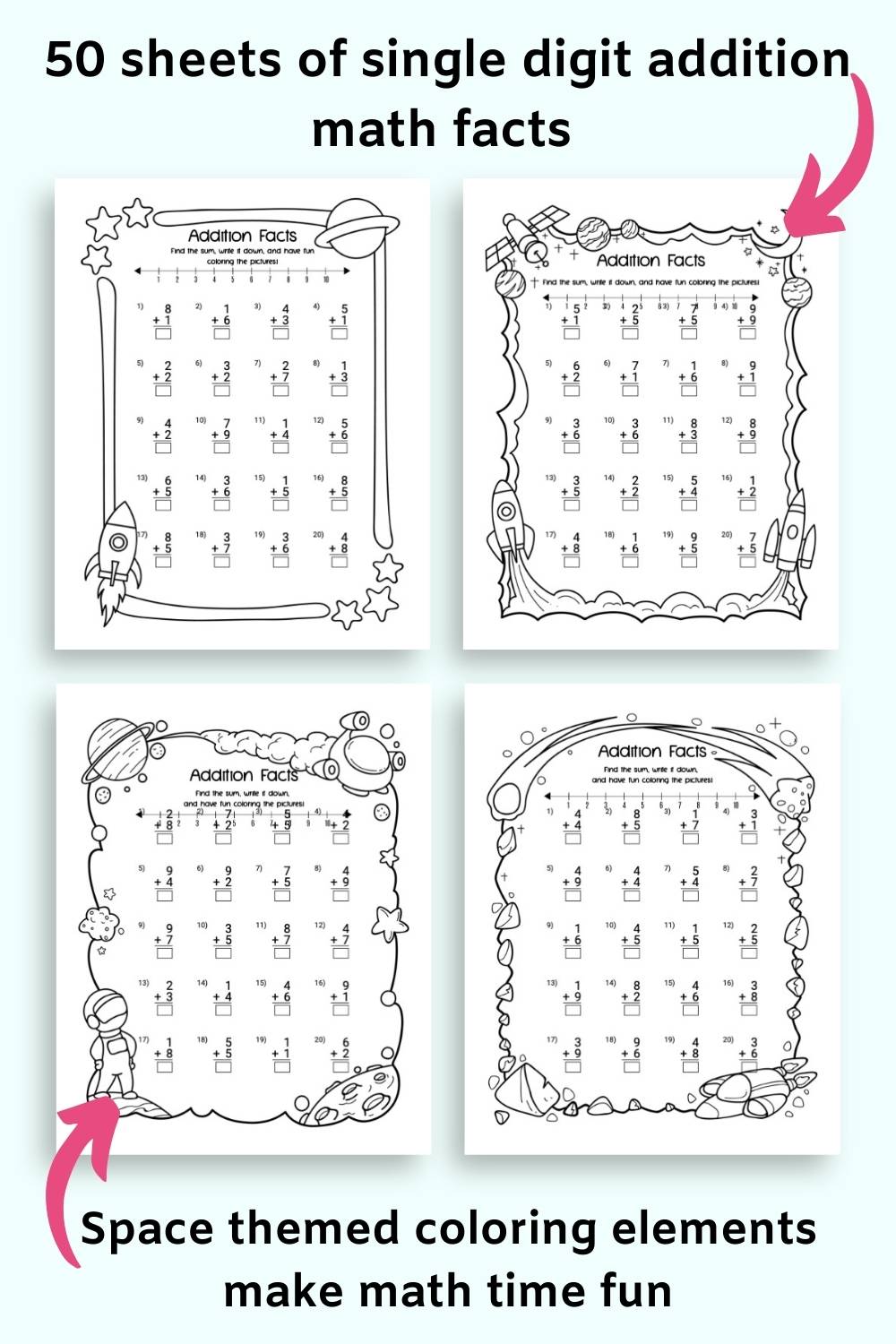 Single digit addition math facts for kids