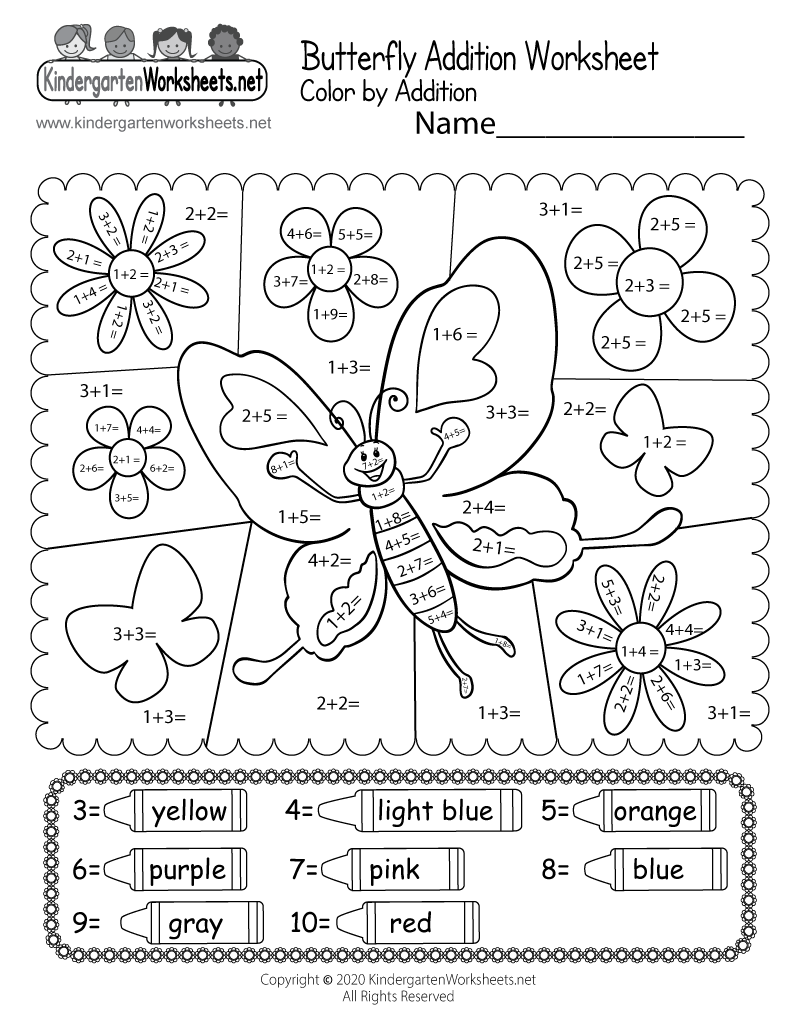 Butterfly color by addition worksheet