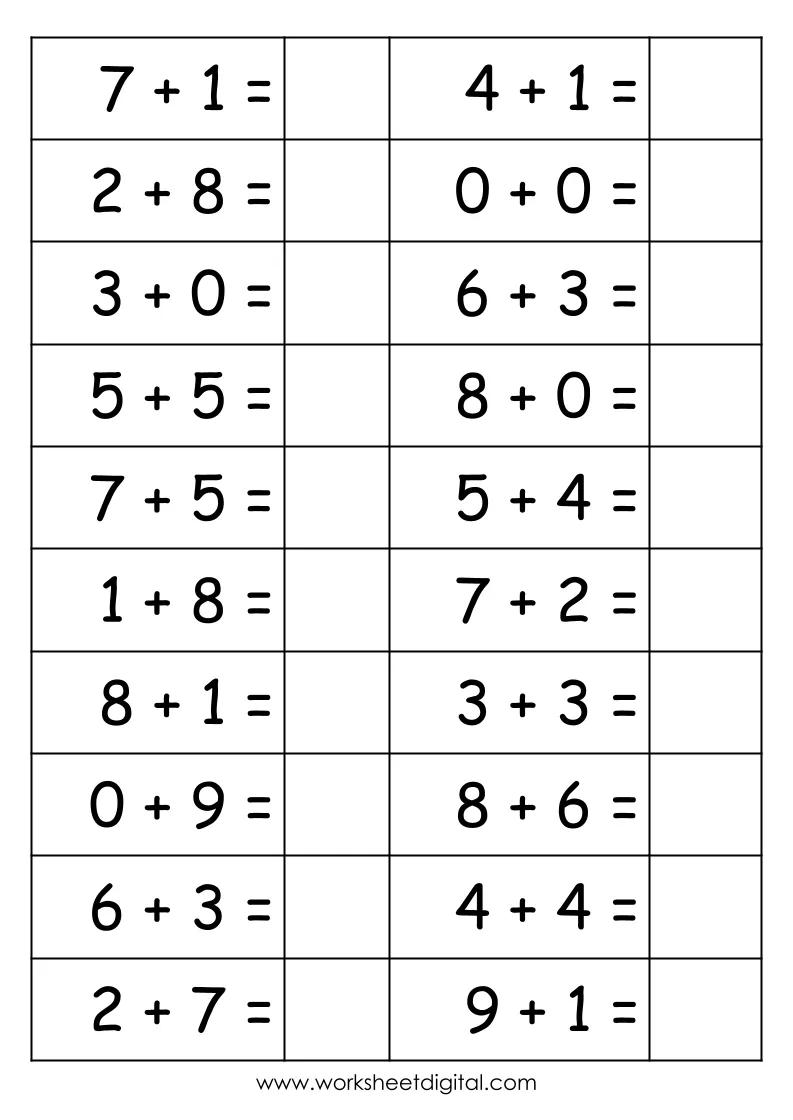 Single digit addition math practice