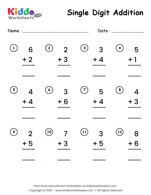 Free printable single digit addition worksheet