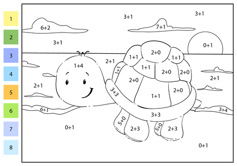 Addition color by number turtle free printable coloring pages