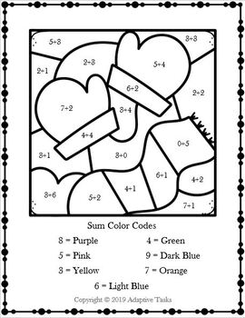 Color by sum winter theme single digit addition worksheets adaptive tasks