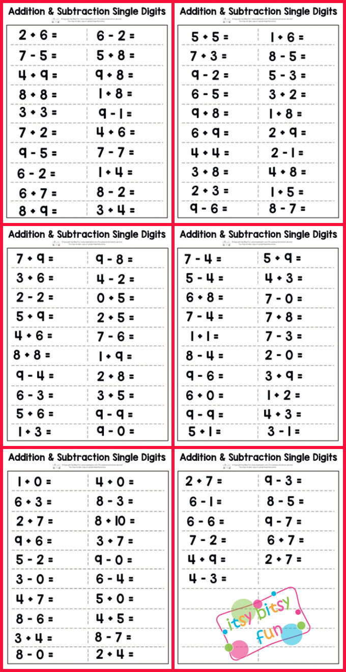 Single digit addition and subtraction worksheet