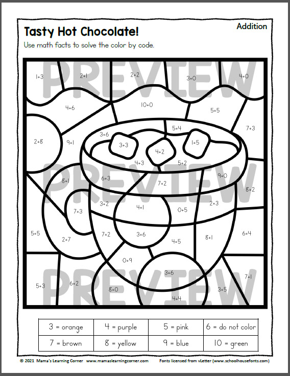Winter color by addition and subtraction worksheets