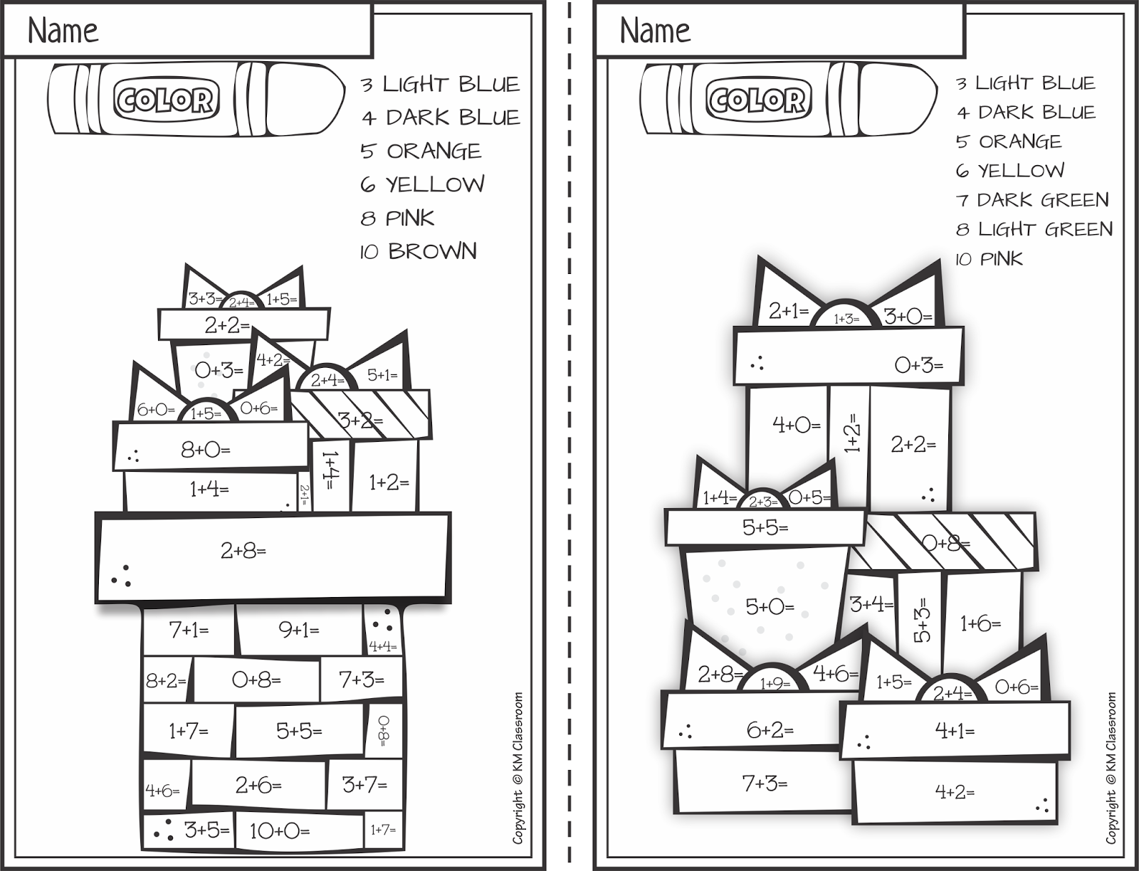 Km classroom free christmas color by number addition within