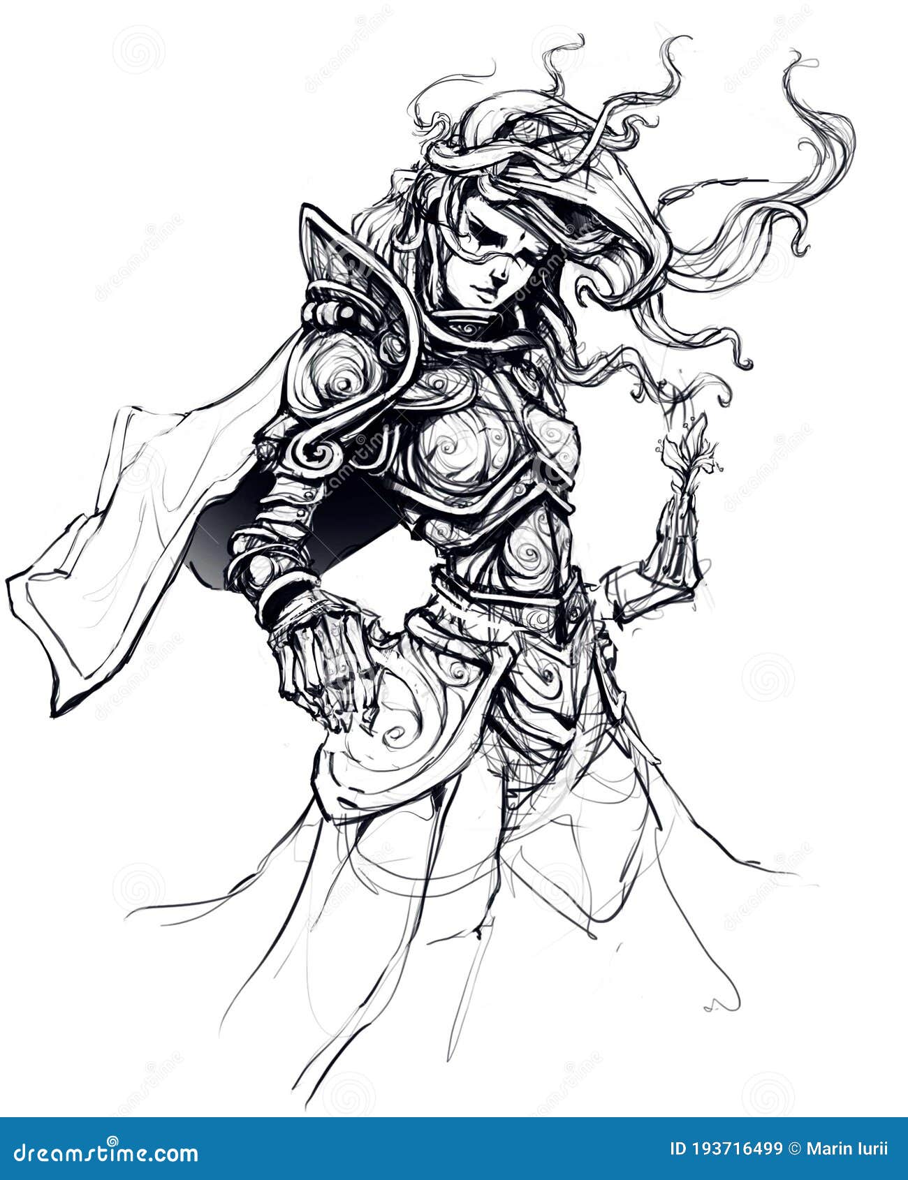 A sinister female wizard with glowing hands from which magic creatures butterflies and demons escape stock illustration