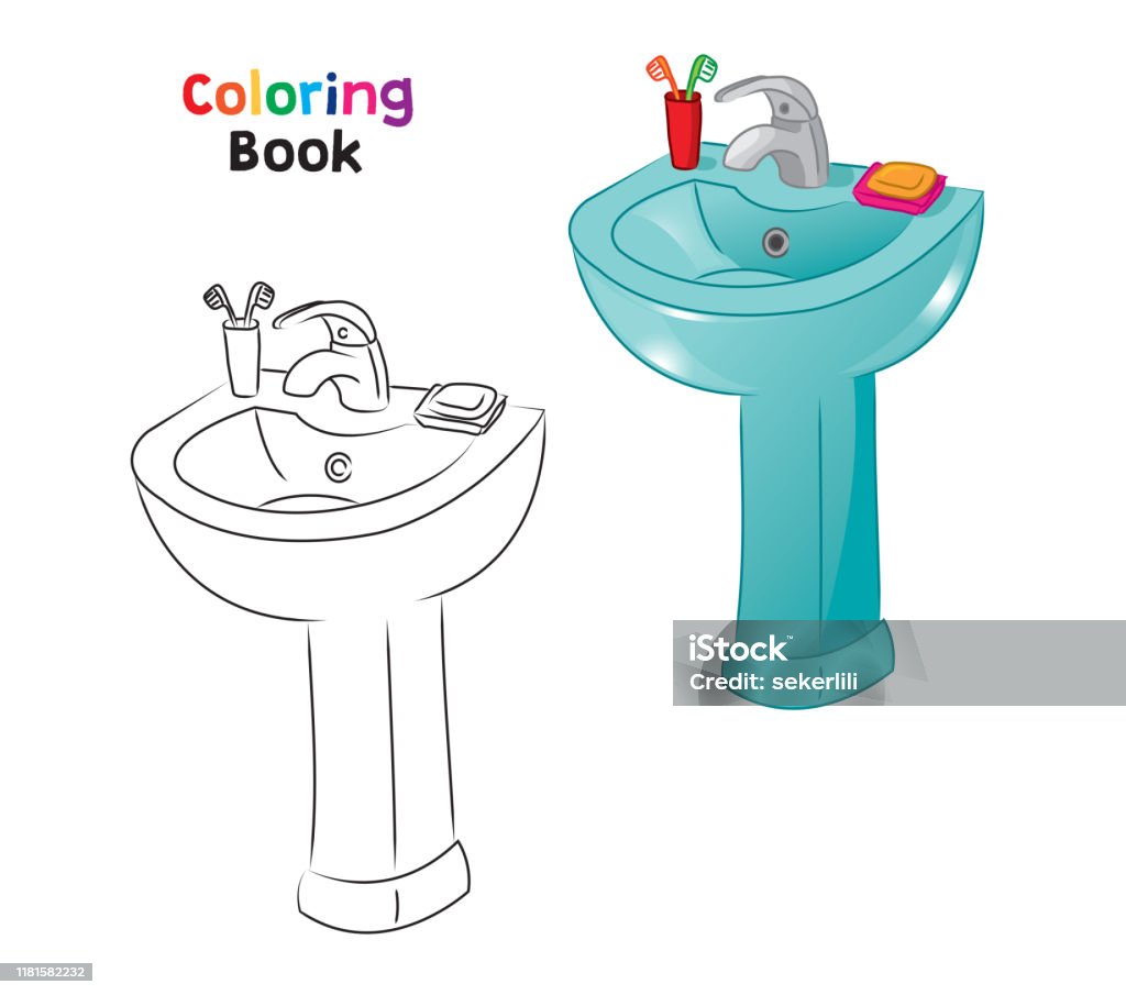 Coloring page for children bathroom sink stock illustration