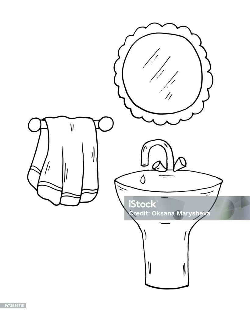 Coloring page washbasin towel mirror vector educational worksheet vector image paint game stock illustration