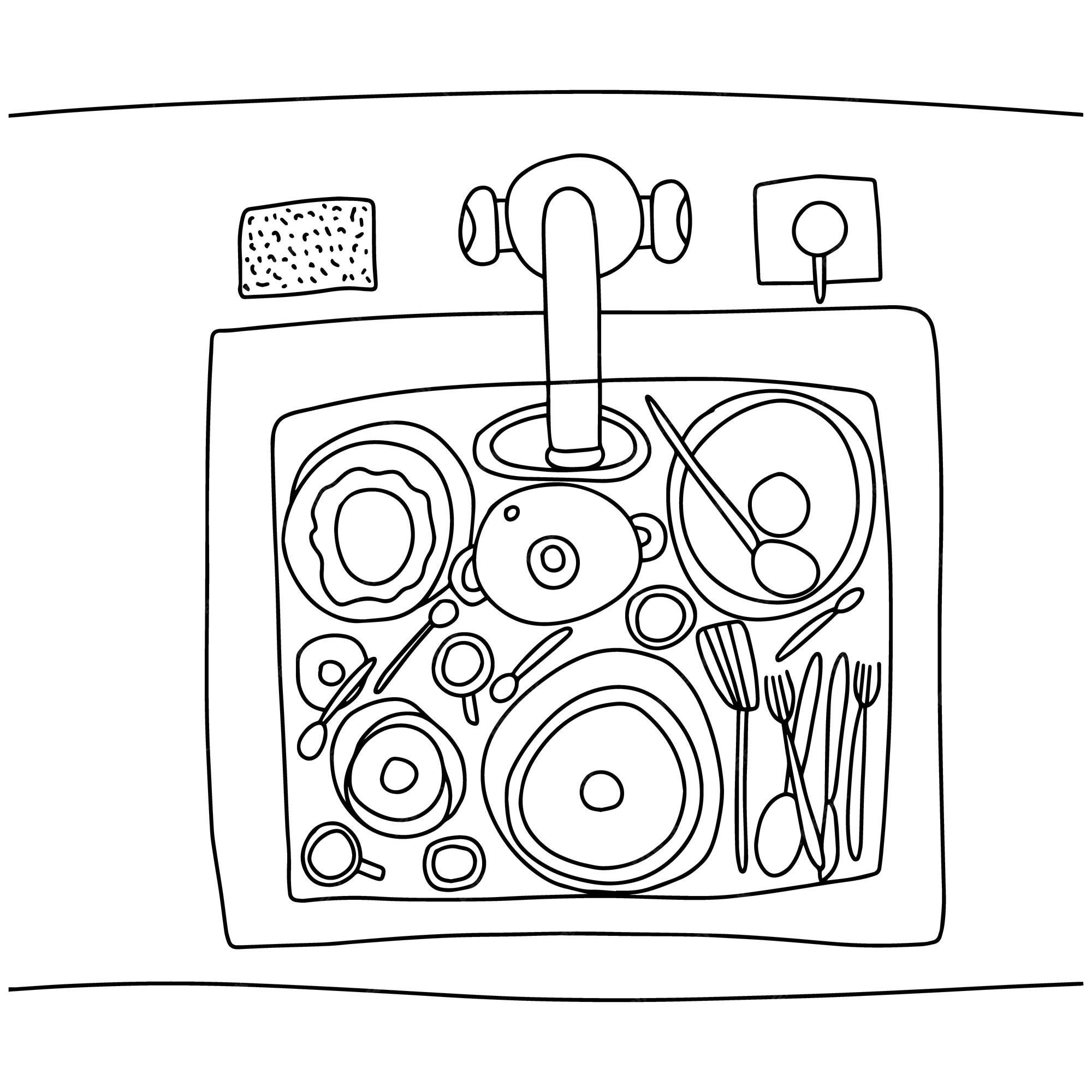 Premium vector coloring page with kitchen sink and dirty dishes top view vector hand drawn sink with dirty dish coloring page for children and adults