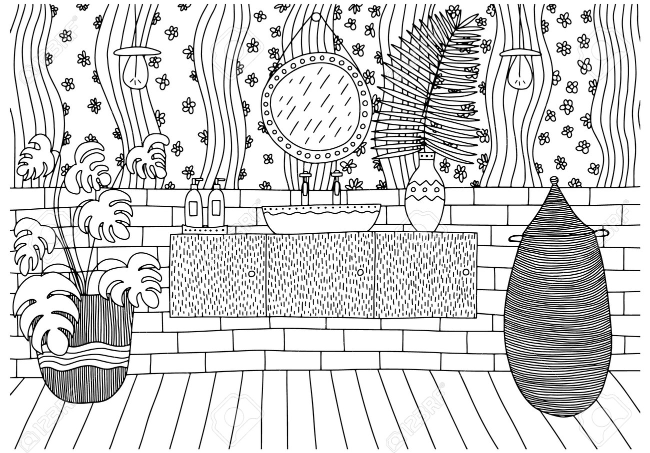 Bathroom interior design coloring page cozy bathroom with sink and mirror coloring page royalty free svg cliparts vectors and stock illustration image
