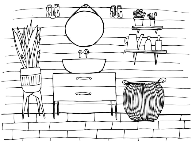 Premium vector coloring page with bathroom furniture sink mirror laundry basket plant in pot lamps