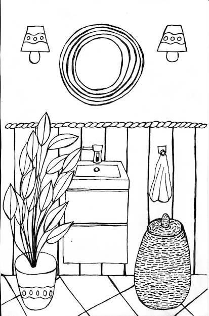 Premium vector cute bathroom coloring book cozy bathroom its ceramic sink mirror wall lamps laundry basket home flower decorative tile colouring page for children and adults