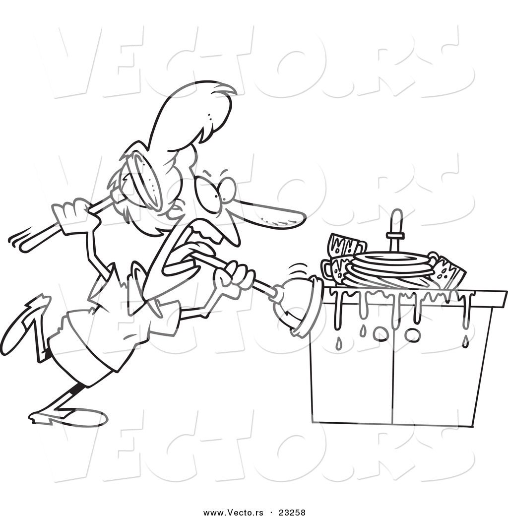 Cartoon r of cartoon woman tackling a sink with a plunger
