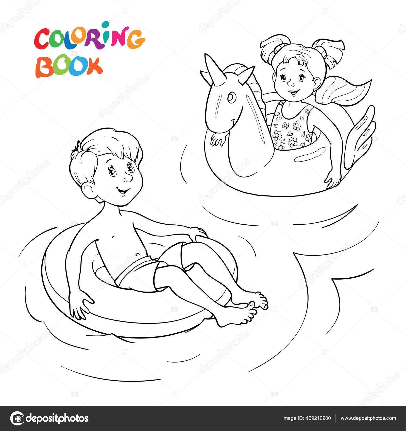 Coloring book page happy children swim rubber rings water stock vector by linaflerova