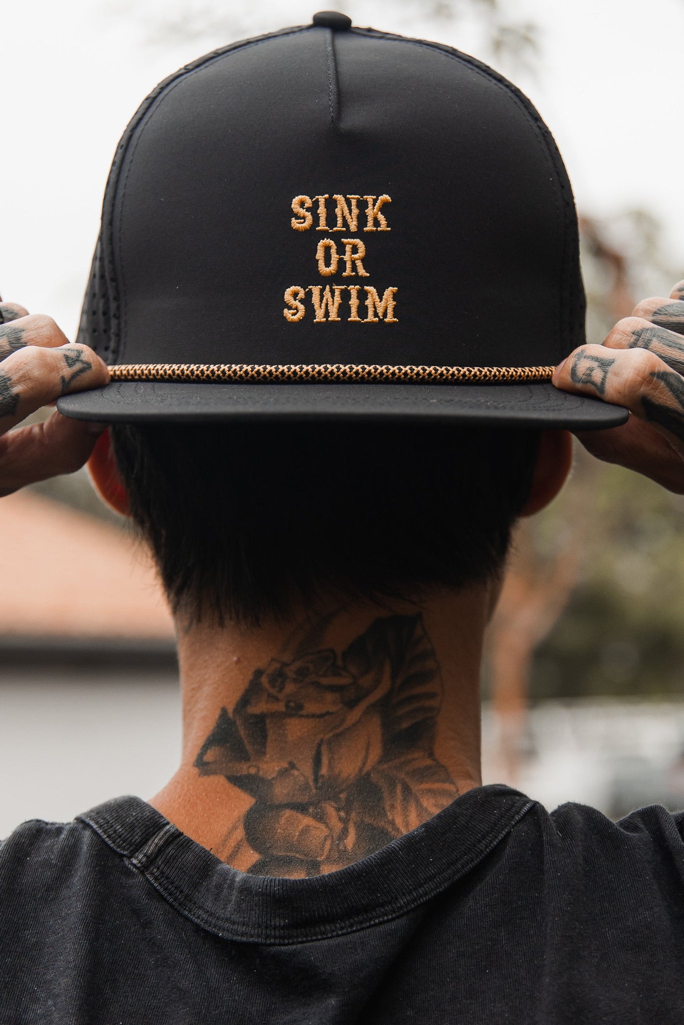 Flat brim black hat