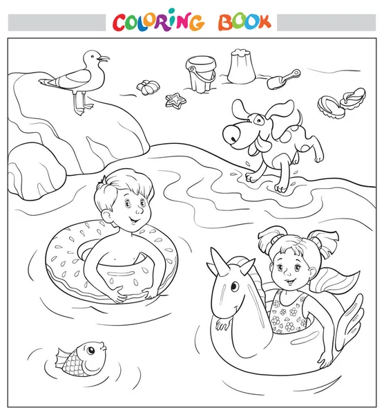 Coloring book page happy children swim rubber rings water stock vector by linaflerova