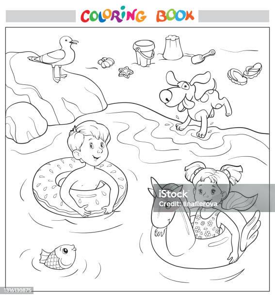 Coloring page happy children swim on rubber rings in the water stock illustration