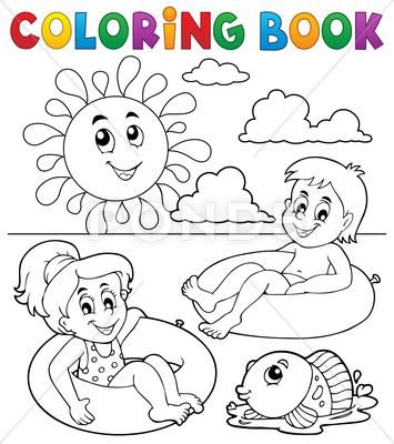 Coloring book children in swim rings