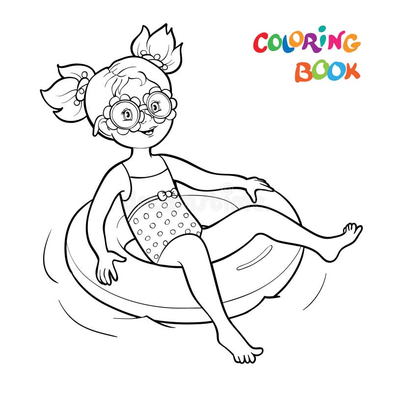Coloring page happy girl swim on rubber rings in the water stock vector