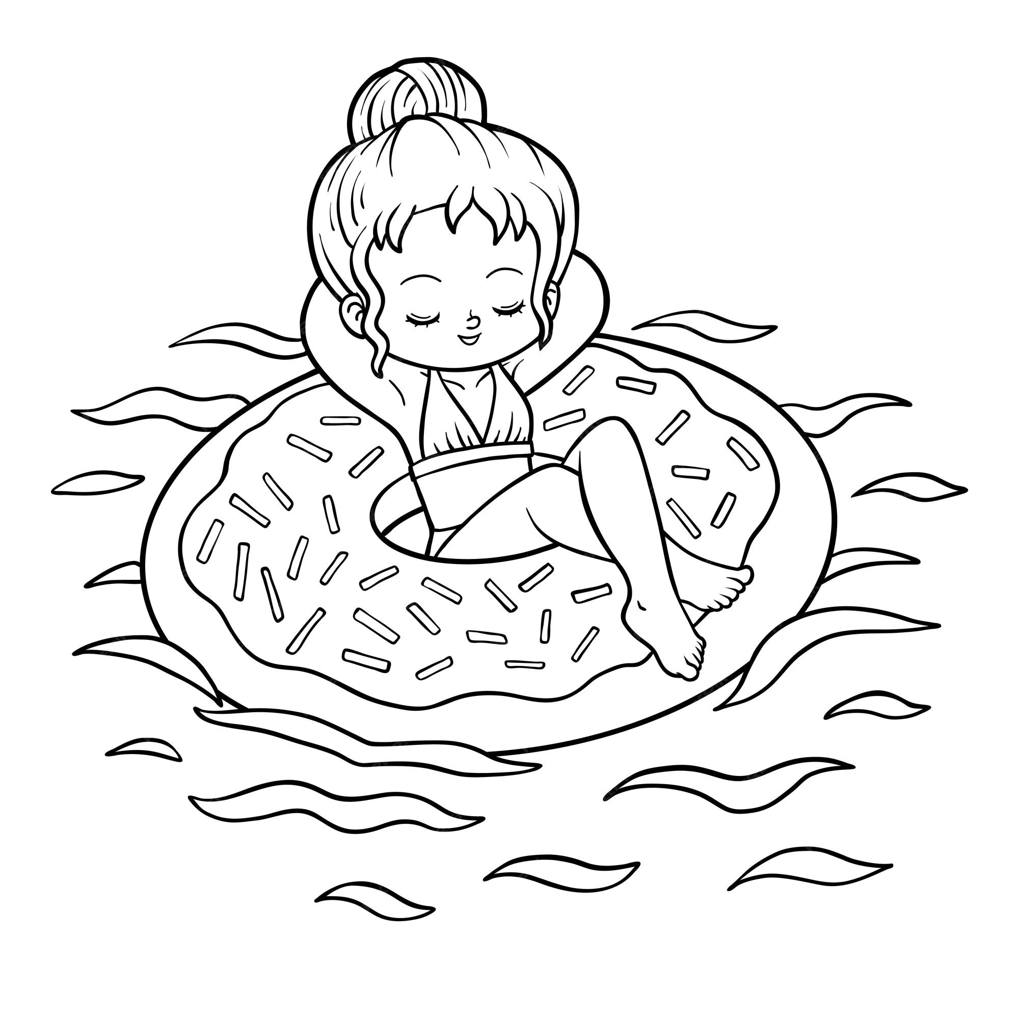 Premium vector coloring book girl and inflatable donut swimming ring