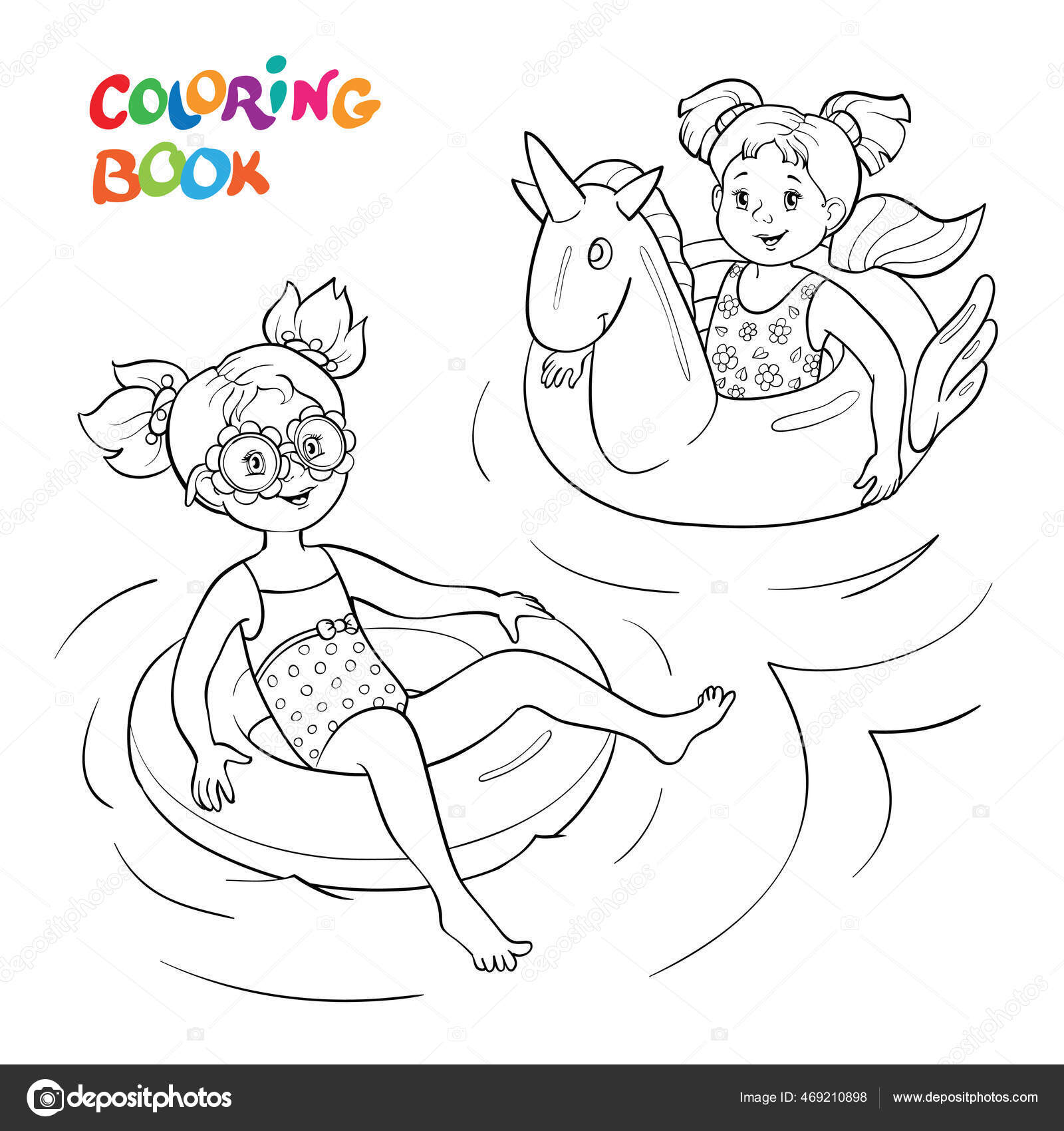 Coloring book page happy children swim rubber rings water stock vector by linaflerova