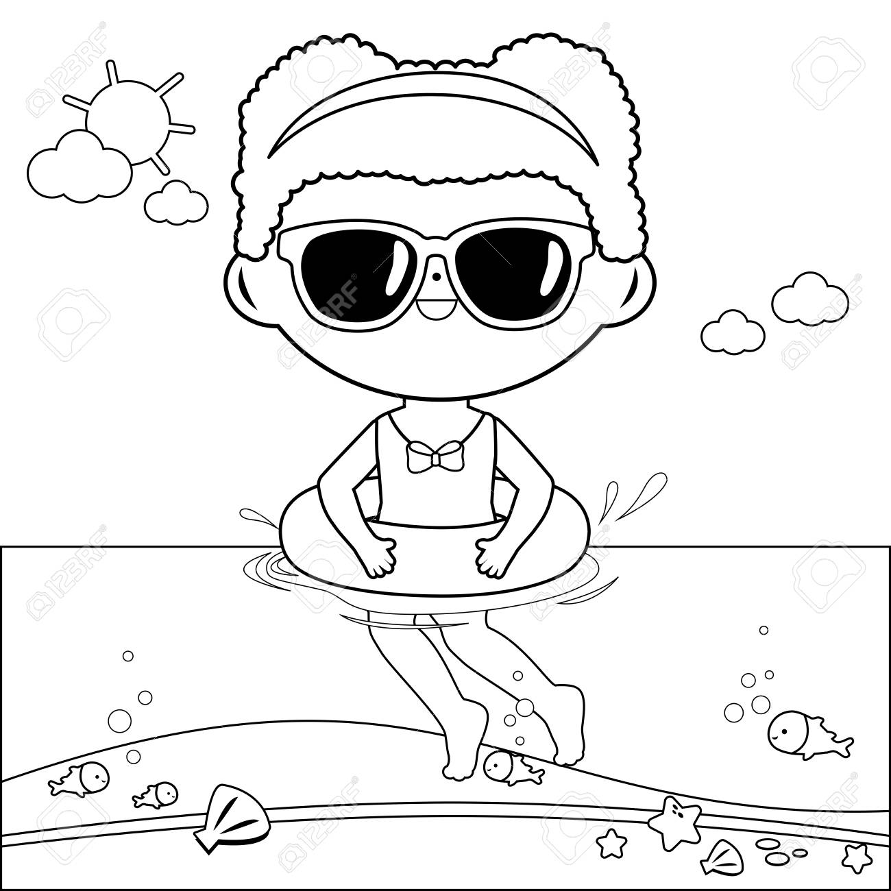 Girl with inflatable rubber ring swimming in the sea black and white coloring book page royalty free svg cliparts vectors and stock illustration image